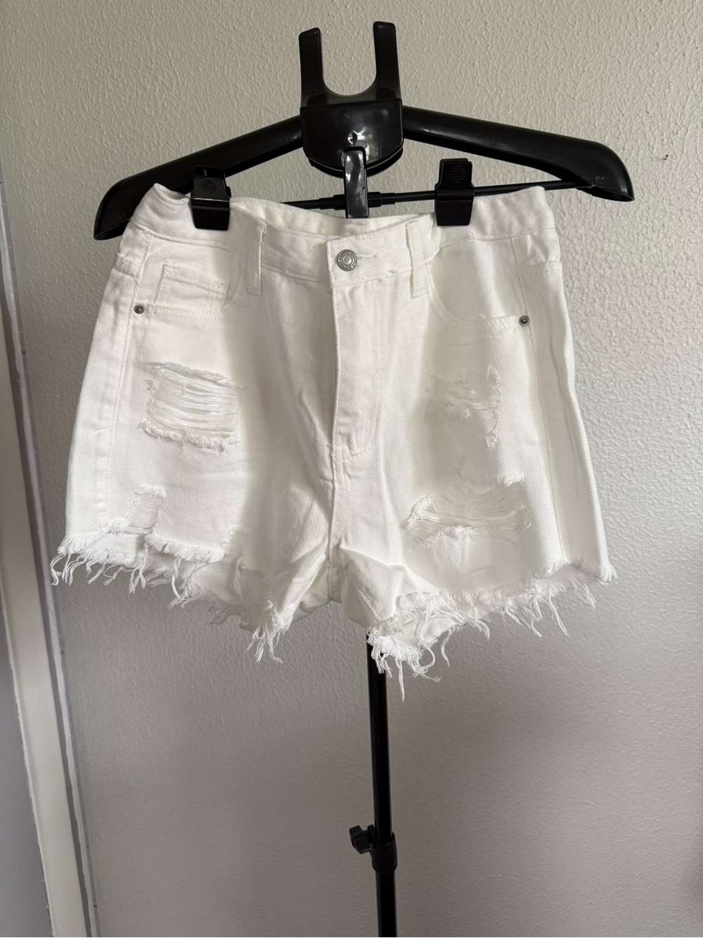 SHEIN White Distressed High-Rise Denim Shorts
